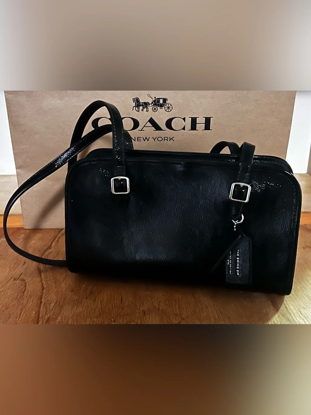 Coach Black Shiny Leather Swing Zipper